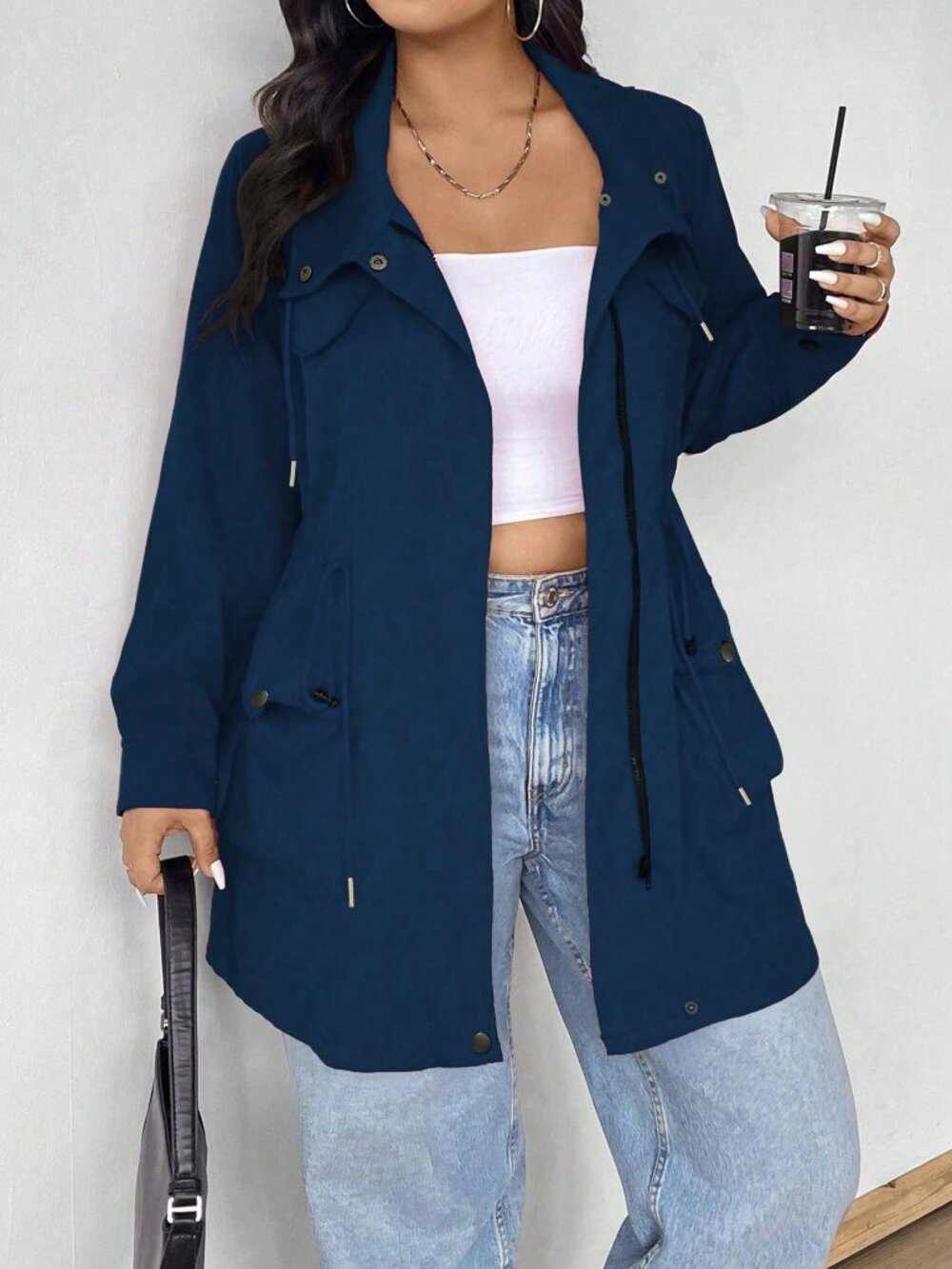 Navy Blue Casual Women's Plus Size Hooded Cinched Waist Long Sleeve Jacket - Picture 4 of 6